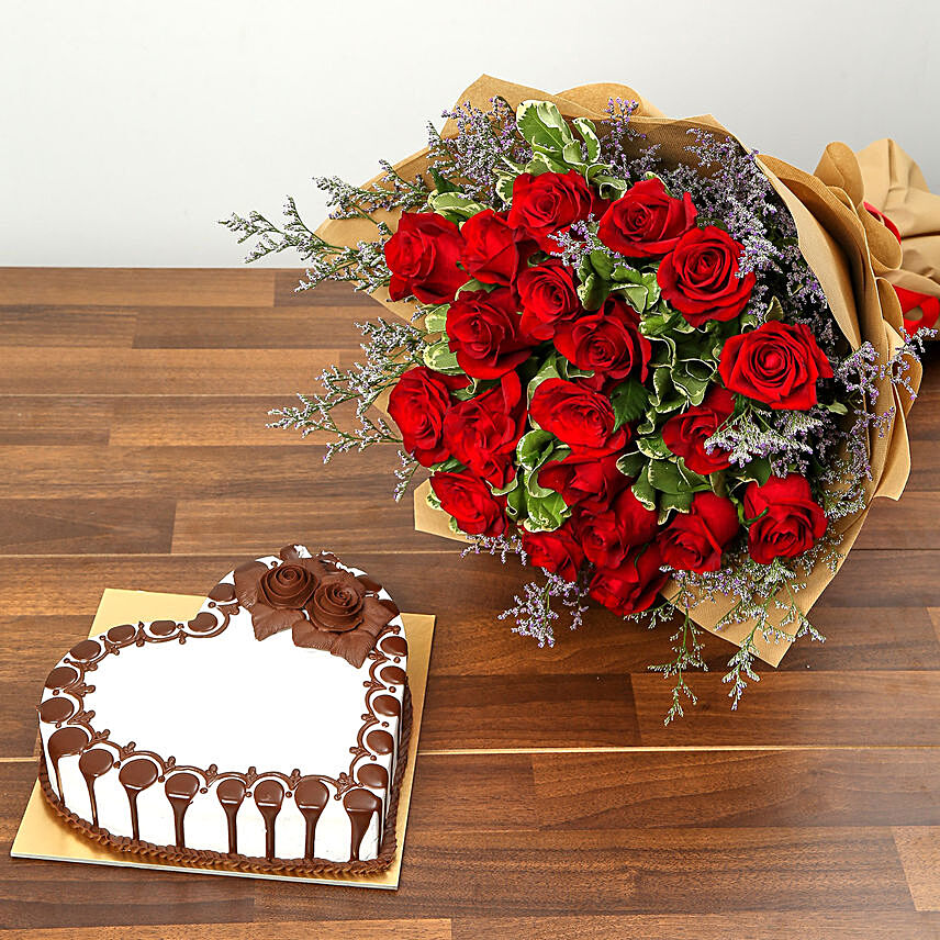 Rose Bouquet and Chocolate Cake Combo
