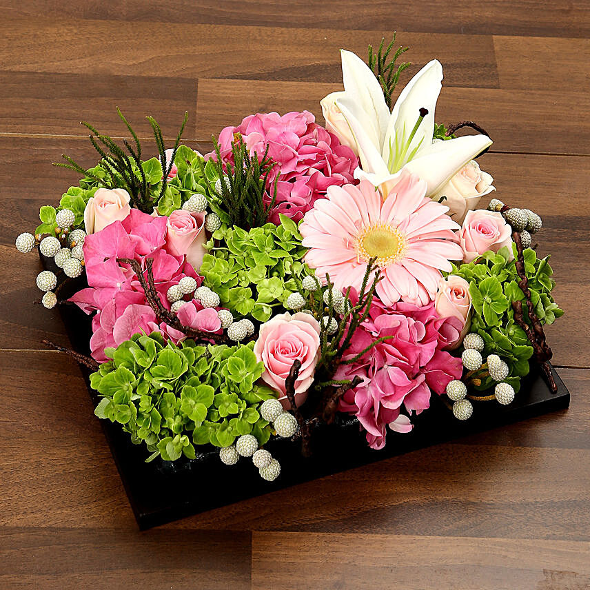 Mixed Floral Arrangement in Brown Tray