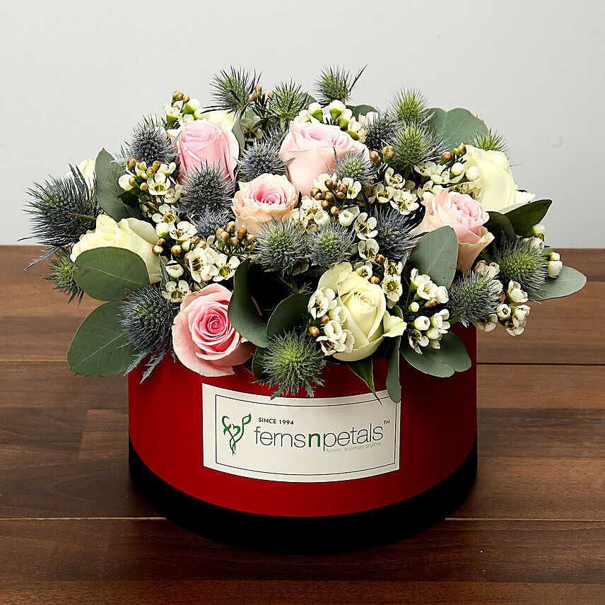 Mixed Rose Arrangement In Red Cardboard Box