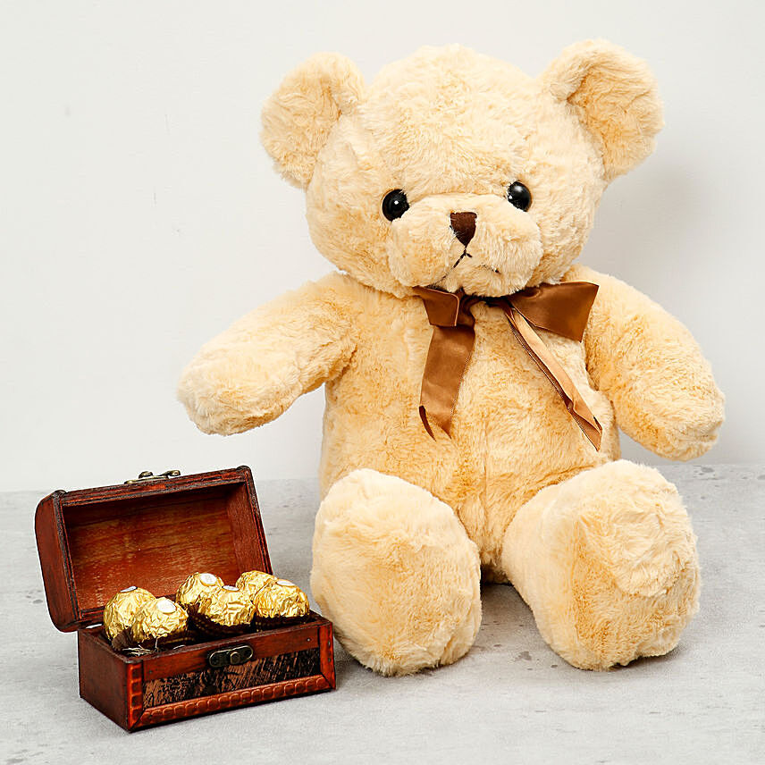 Brown Teddy Bear and Wooden Chocolate Box