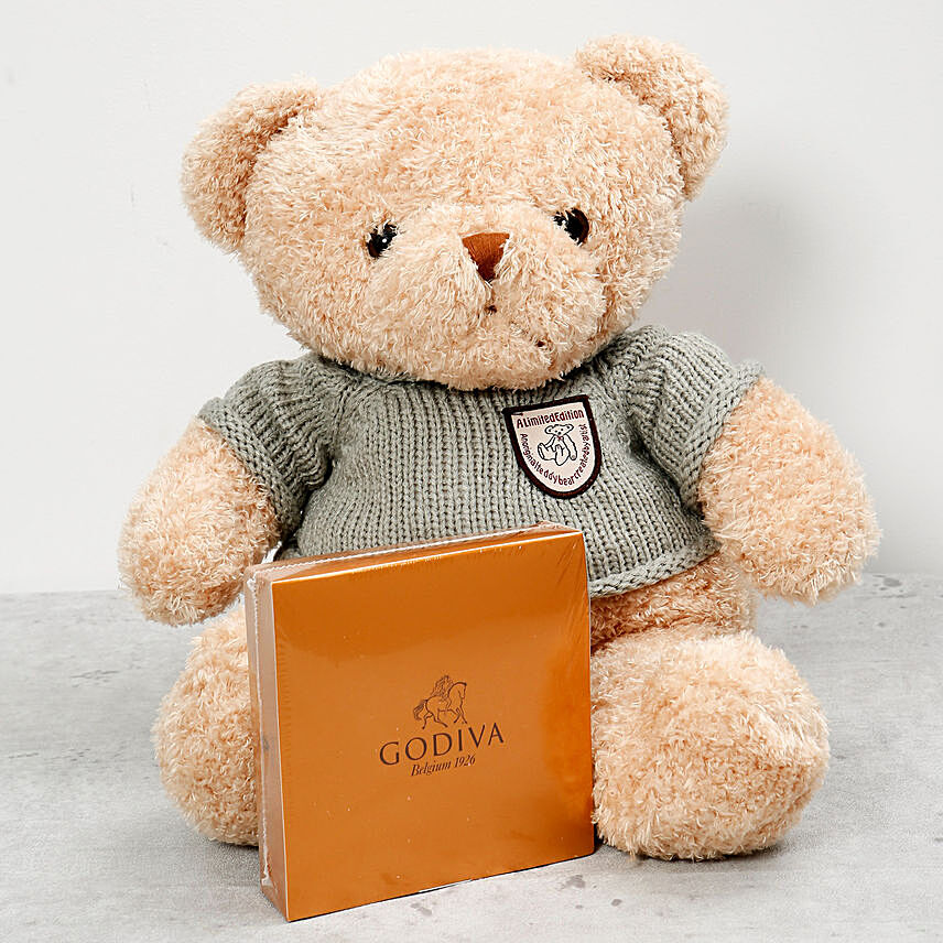 Adorable Brown Teddy Bear and Godiva Chocolates