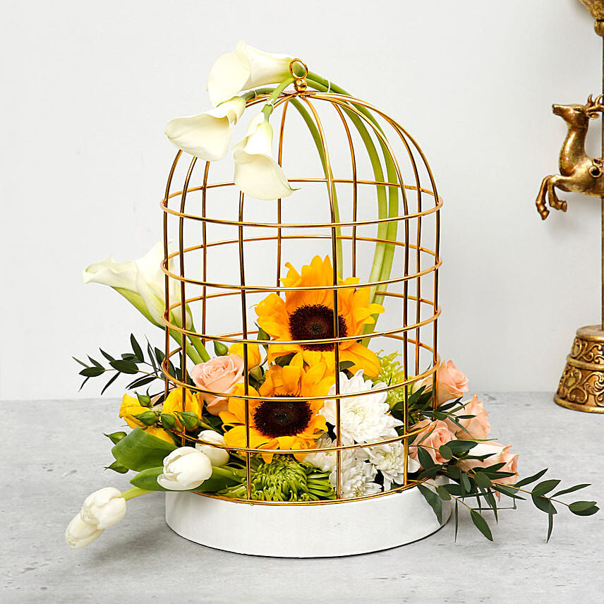 Mix Flowers Cage Arrangement