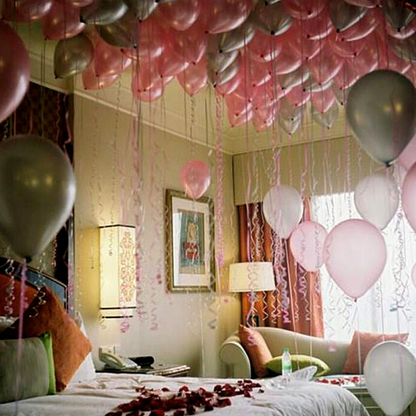 75 Helium Balloons and Rose Petals Surprise