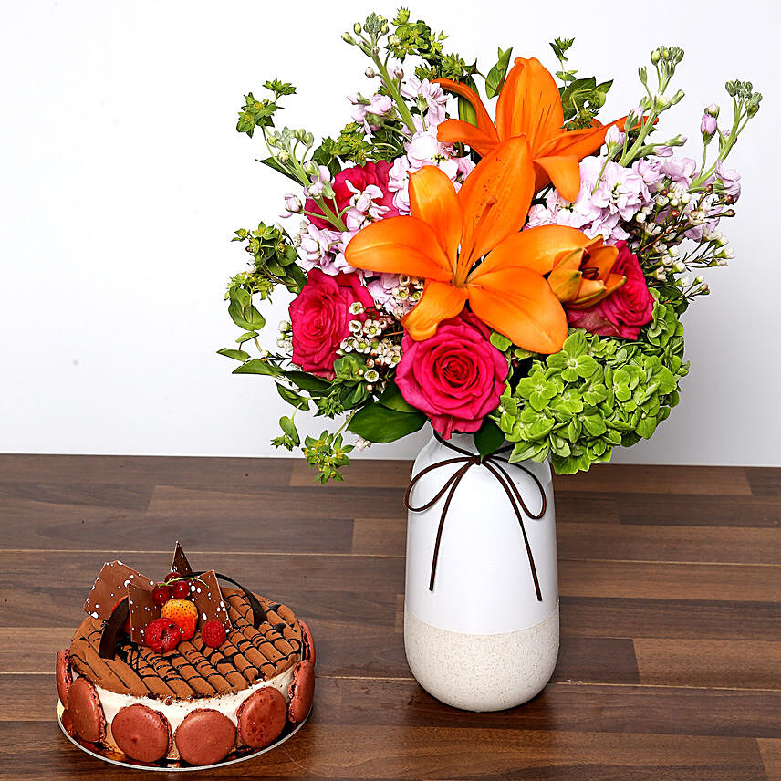 Vivid Mixed Flower Vase and Cake