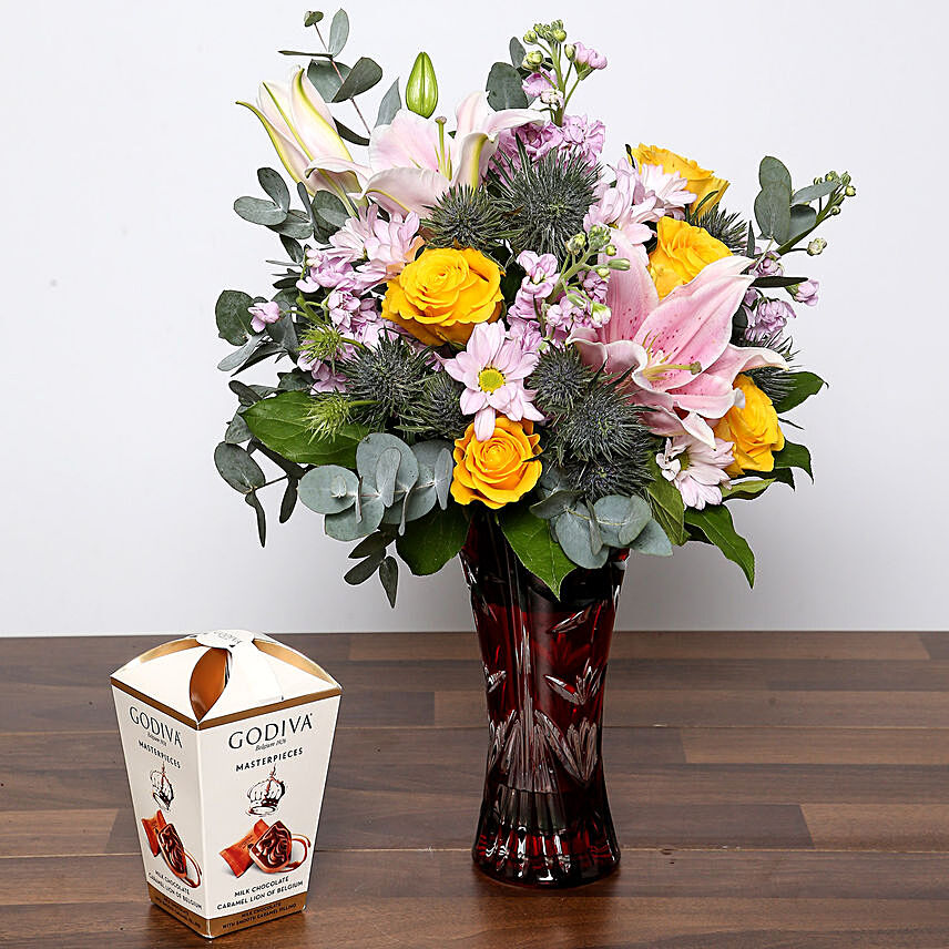 Soft Hued Mixed Flower Vase and Chocolates