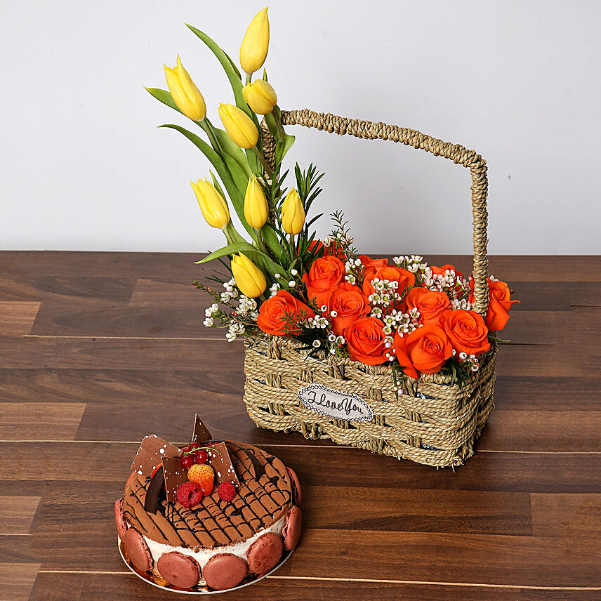 Orange Roses and Yellow Tulips Basket With Cake