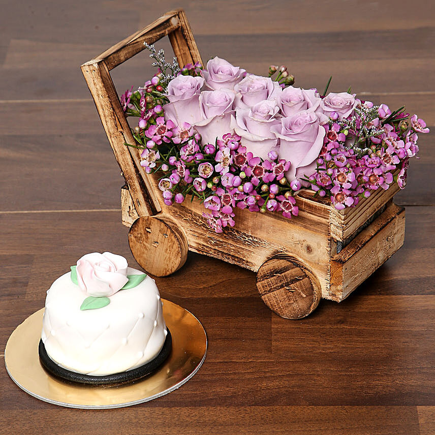 Elegant Purple Roses Arrangement and Cake