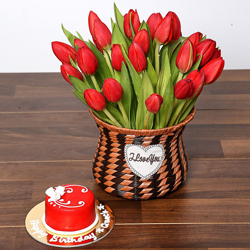 Blissful Red Tulips Basket and Cake