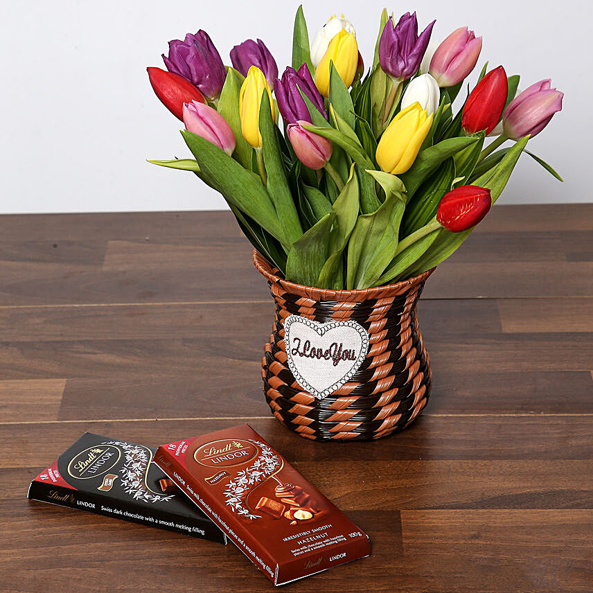 Quaint Mixed Tulips Basket and Chocolates