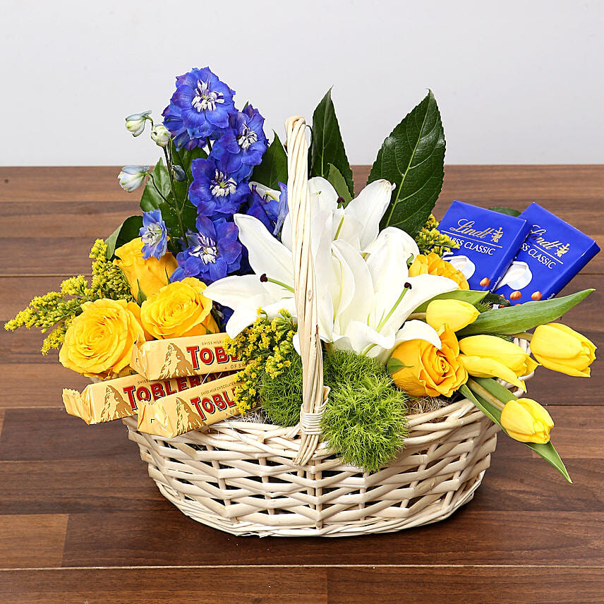 Yellow and Blue Floral Basket With Chocolates