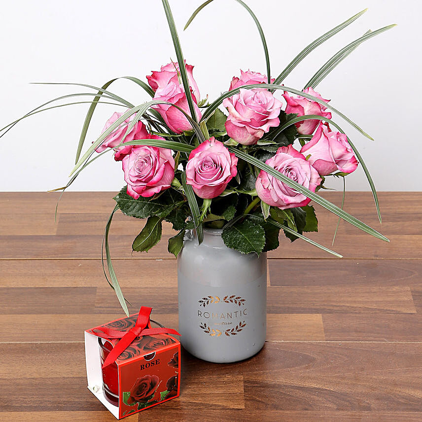 Elegant Purple Rose Vase and Aroma Candle