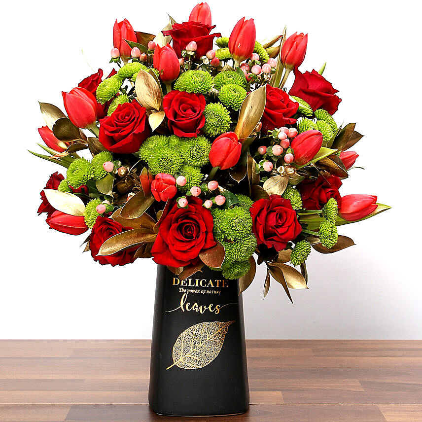Red Tulips and Roses In Vase