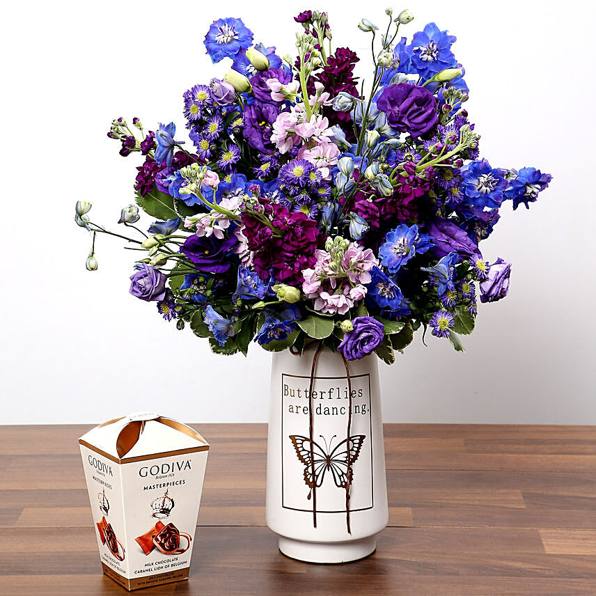 Purple and Blue Flower Arrangement With Truffles