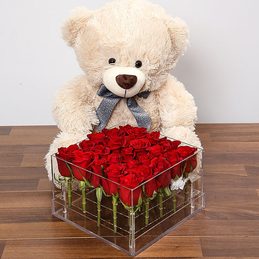 Dreamy Red Rose Box With Teddy Bear