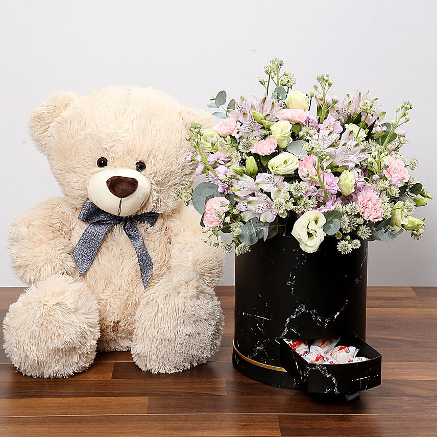 Pink and White Floral Box With Chocolates and Teddy