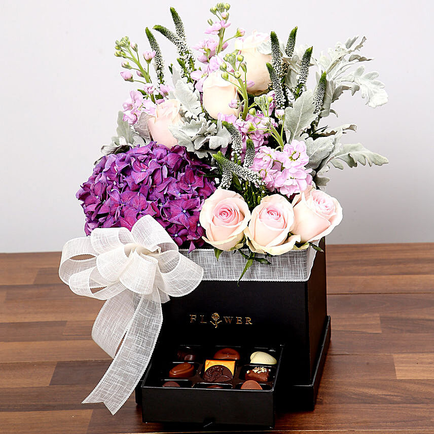 Stylish Box Of Chocolates and Flowers