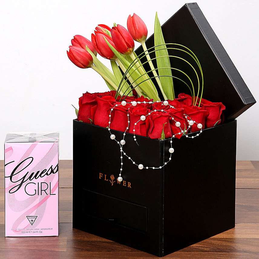Stylish Box Of Chocolates and Flowers With Perfume