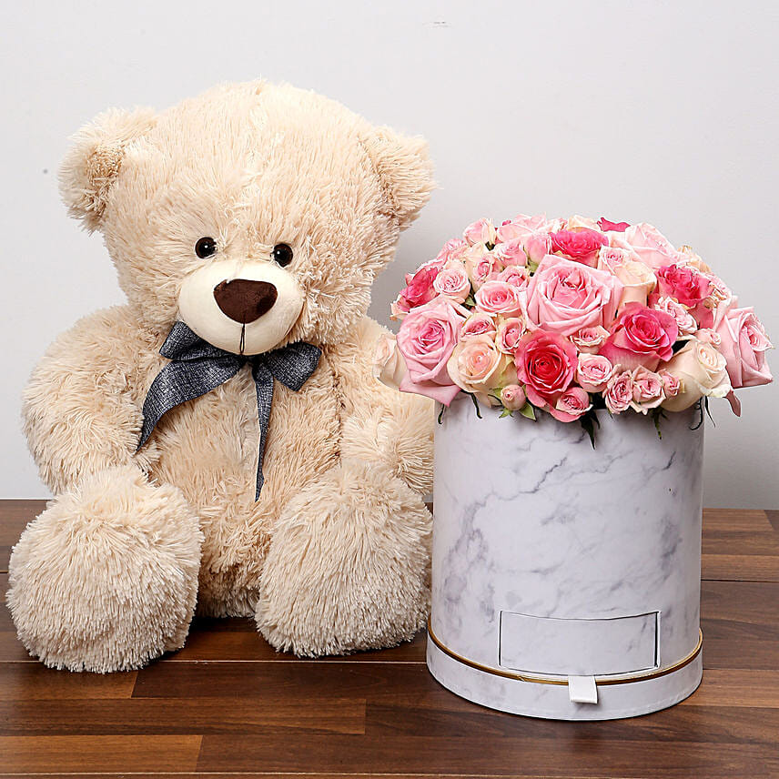 Stylish Box Of Pink Roses With Chocolates and Teddy