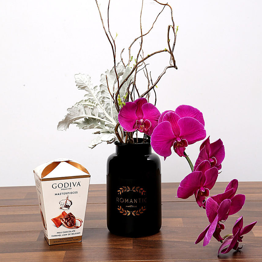 Beautiful Phalaenopsis Arrangement and Chocolates