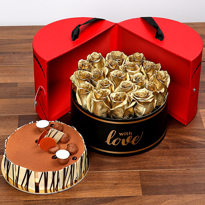 Grand Box Of Golden Roses and Cake