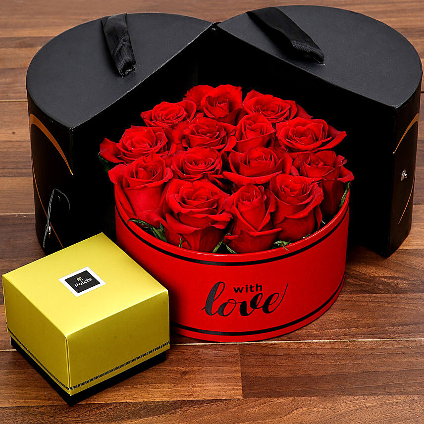Stylish Box Of Red Roses and Patchi Chocolates