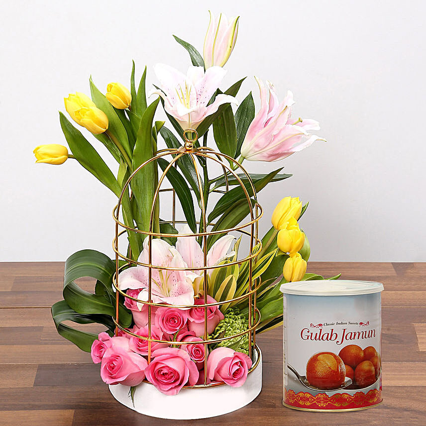 Floral Cage Arrangement and Gulab Jamun Combo