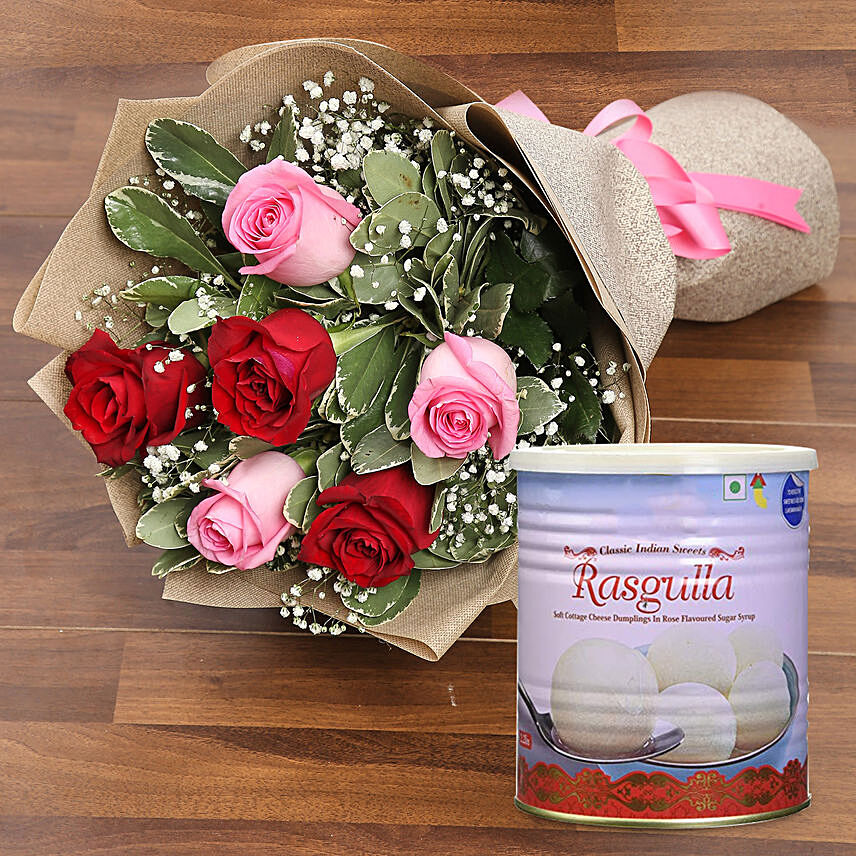 Splendid Roses Bouquet and Rasgulla Combo