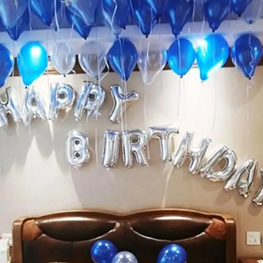 Happy Birthday Blue and Silver Balloon Decor