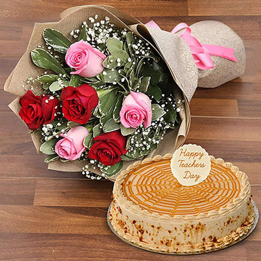 Rose Bouquet  and Butterscotch Cake For Teacher
