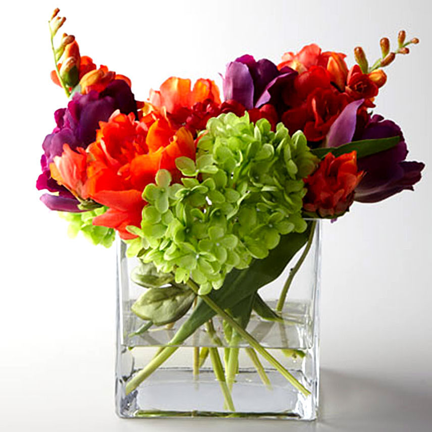 Artificial Mixed Flowers In Square Glass Vase