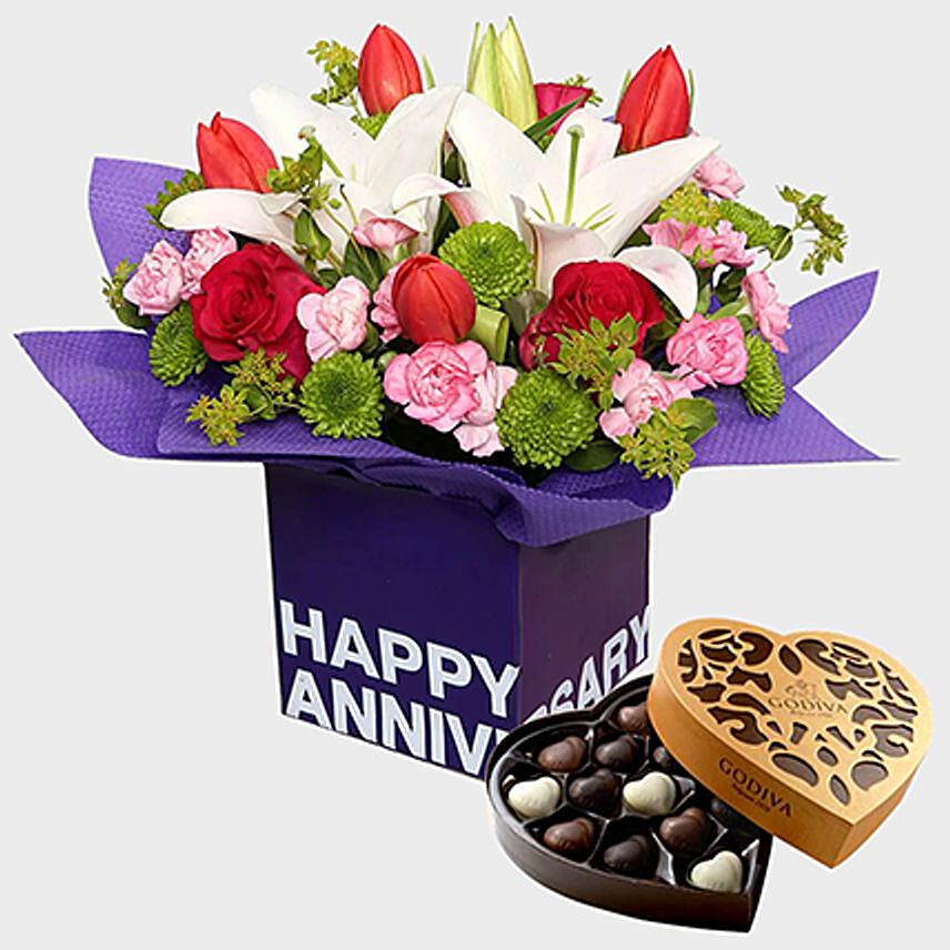 Anniversary Special Vibrant Flowers and Godiva Chocolates