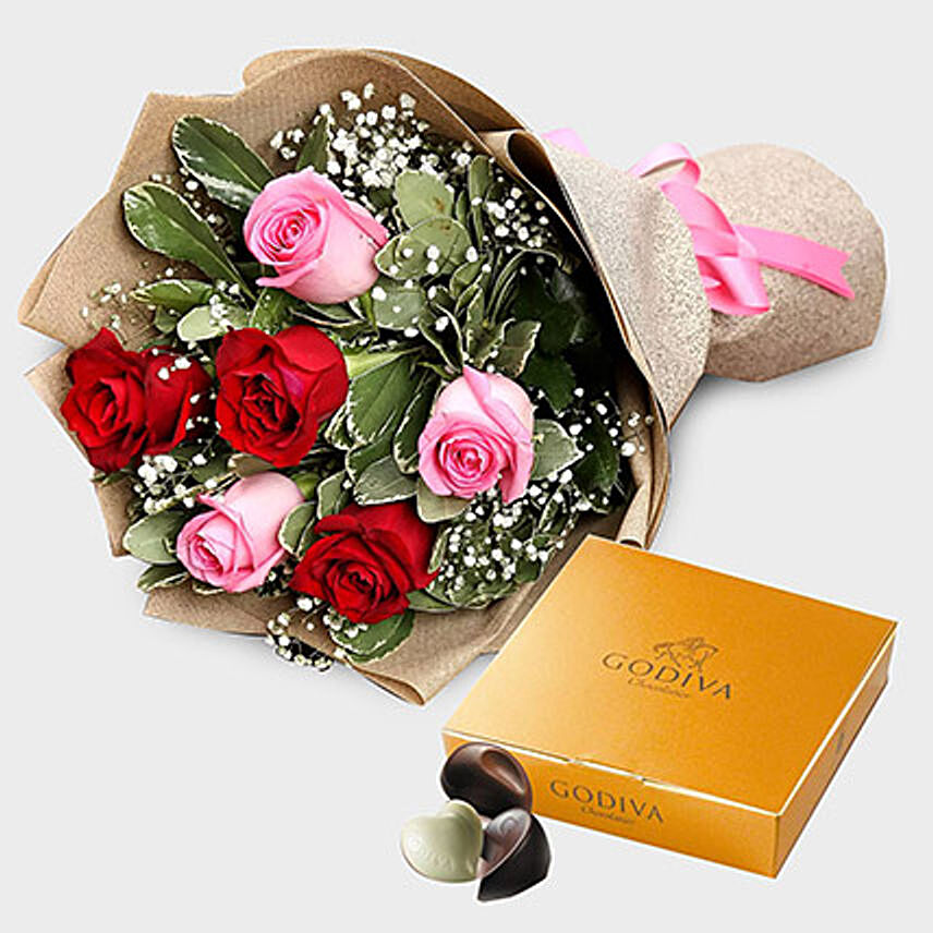 Pink and Red Roses With Godiva Gold Chocolate Box