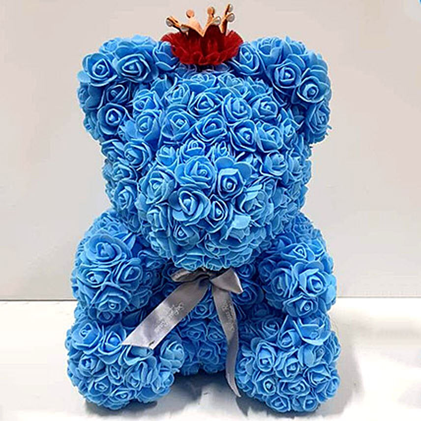 Artificial Blue Roses Teddy With Crown