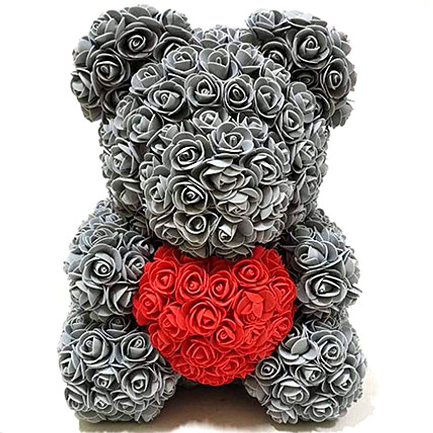 Artificial Grey and Red Roses Teddy