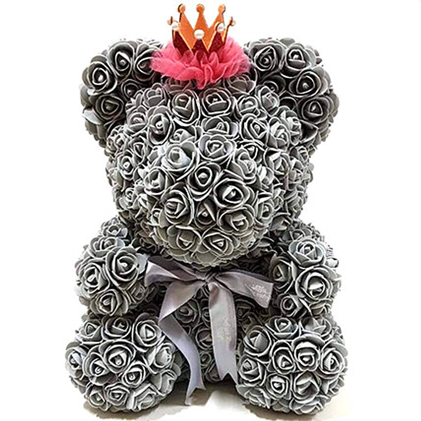 Artificial Grey Roses Teddy With Crown