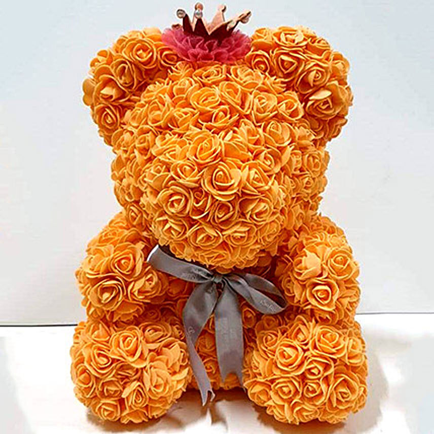 Artificial Orange Roses Teddy With Crown