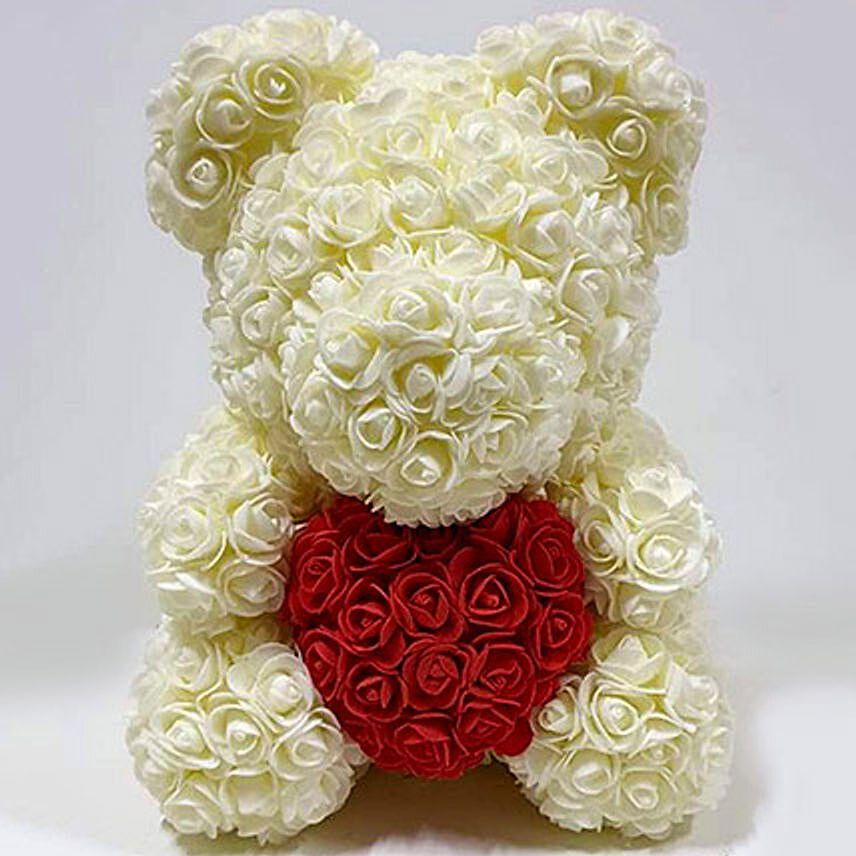 Artificial Roses White Heart Teddy
