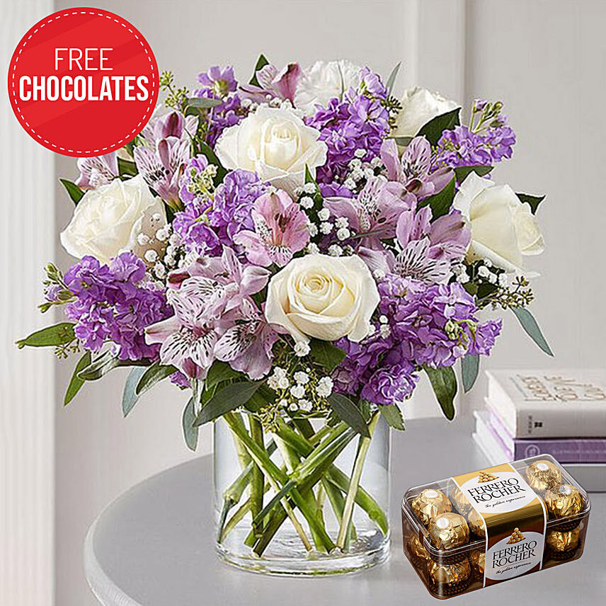 Elegant Flowers in Vase and Free Chocolates