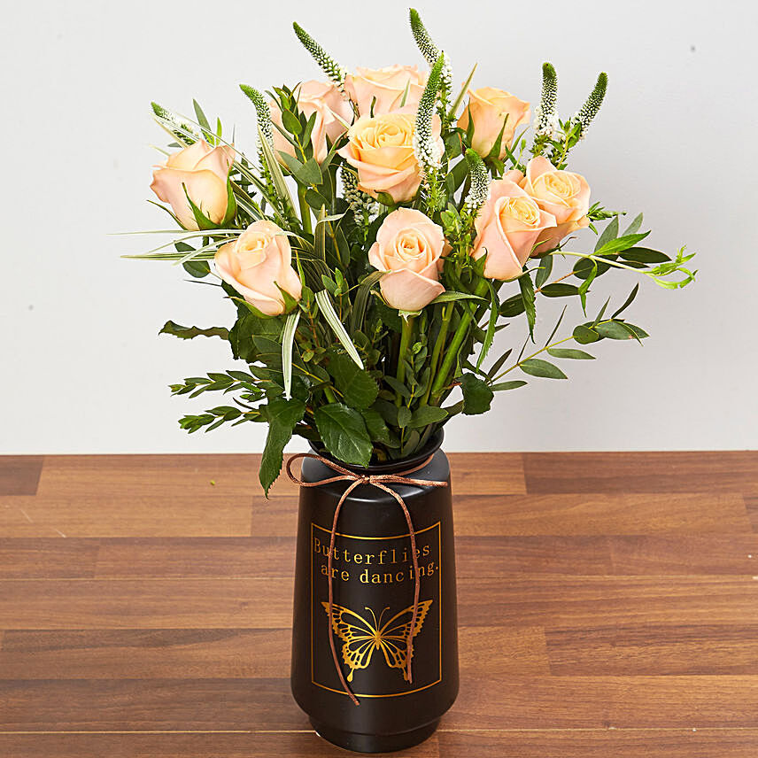 Vase Arrangement Of Roses And Veronica