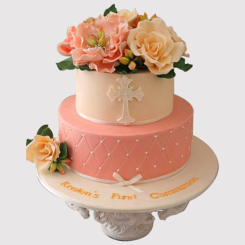 2 Layered Floral Christening Truffle Cake