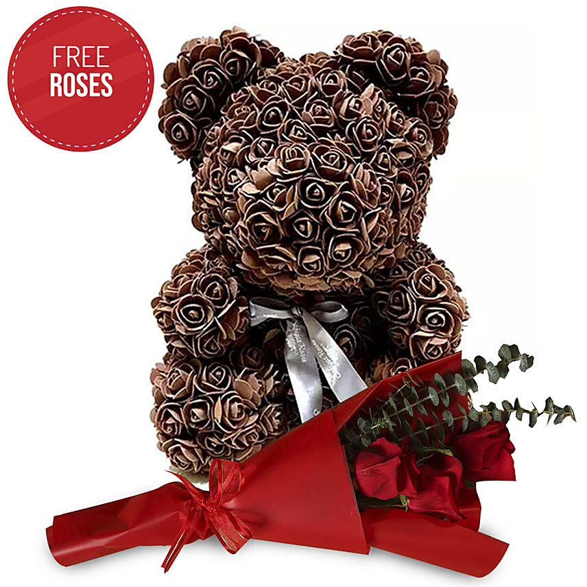 Brown Roses Teddy and Free 3 Red Roses