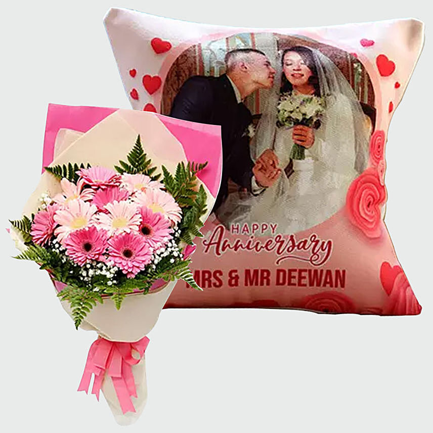 Gerberas Bouquet and Personalised Cushion