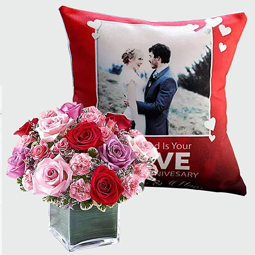 Roses Arrangement and Personalised Love Cushion