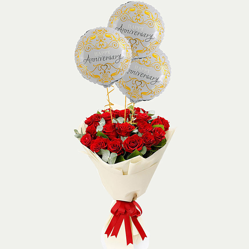 Red Roses Bouquet with Anniversary Balloons