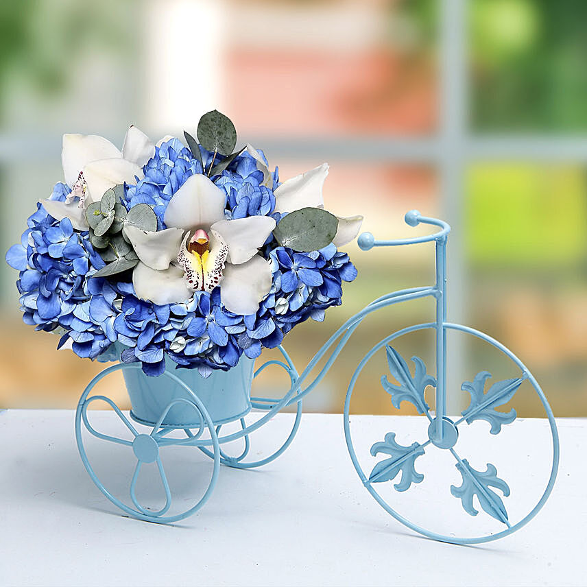 Blue N White Flowers In Cycle Basket