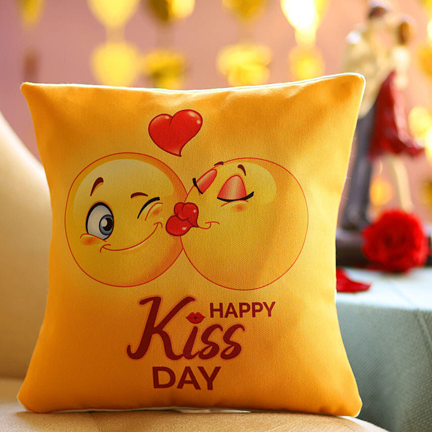 Happy Kiss Day Printed Emoji Cushion