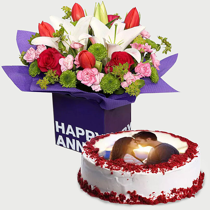 Mixed Birthday Flowers & Red Velvet Cake