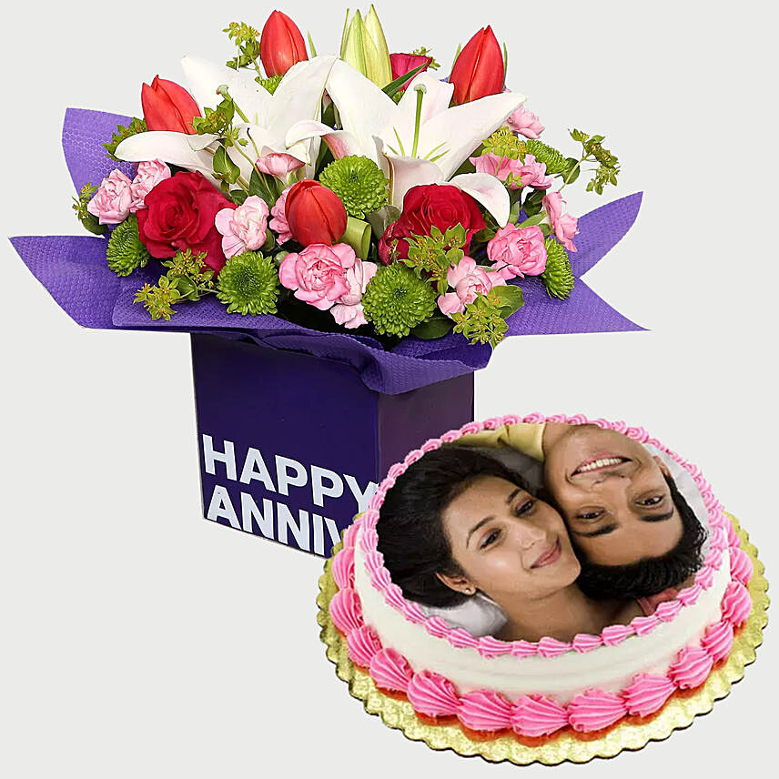 Mixed Birthday Flowers & Vanilla Cake