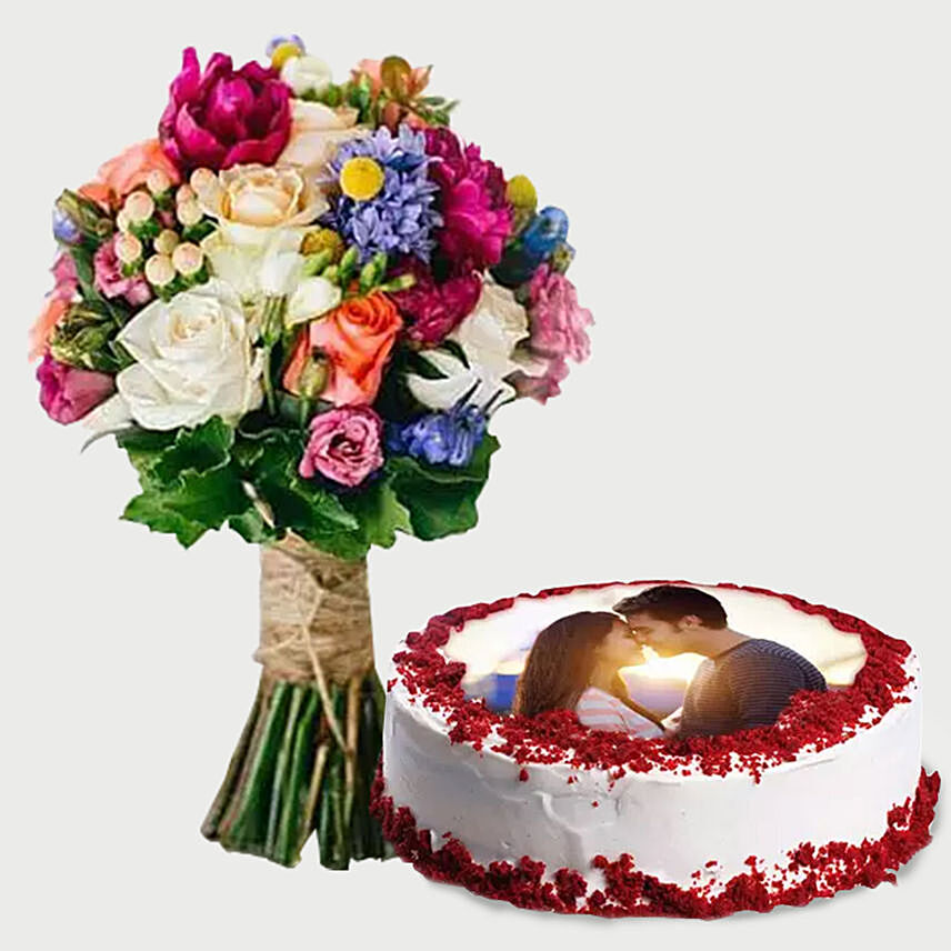 Beautiful Flowers Bouquet & Red Velvet Cake