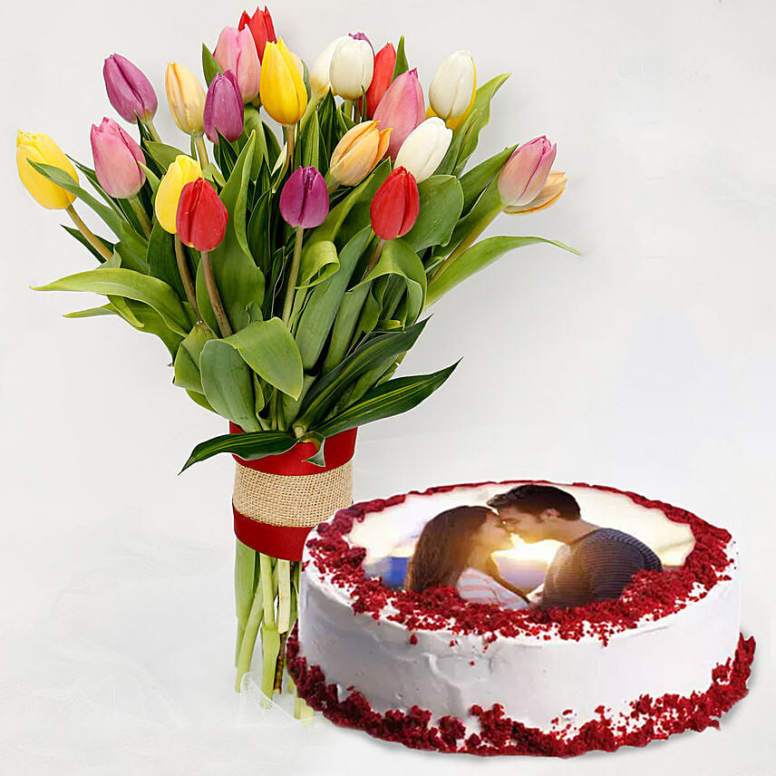 Beautiful Tulips Bouquet & Red Velvet Cake